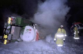 Tanker truck overturns, leaks toxic matter